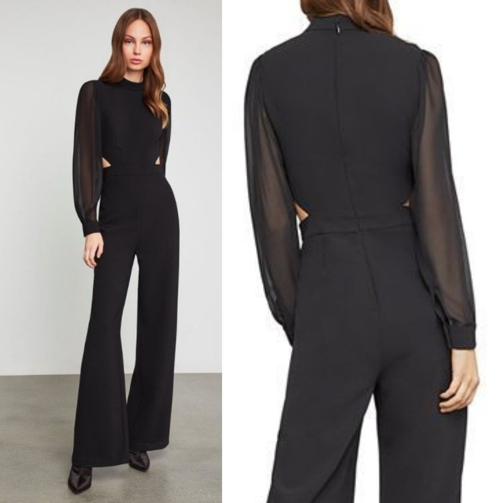 BCBGMAXazria Mixed-Media Cutout Mock Neck Sheer Sleeve Wide Leg Jumpsuit Tall XS