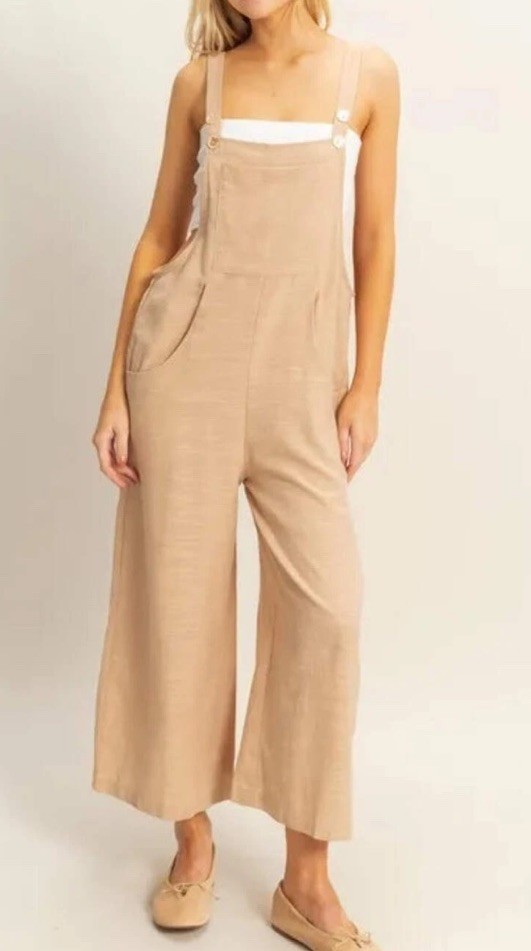 Hyfve Women M Oatmeal Tan Overalls Wide Leg Boho Coastal Casual Chic Festival