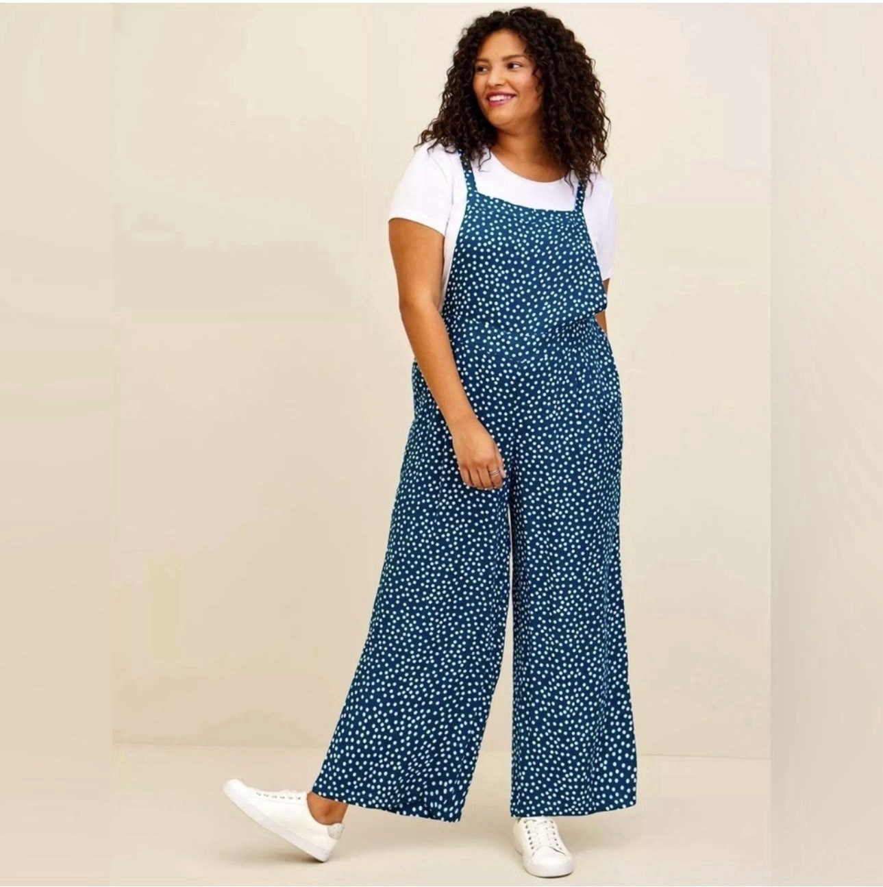 Torrid Women’s Plus 2X 18W-20W Wide leg Stretch Crepe Jumper Bibs EUC Blue Dots