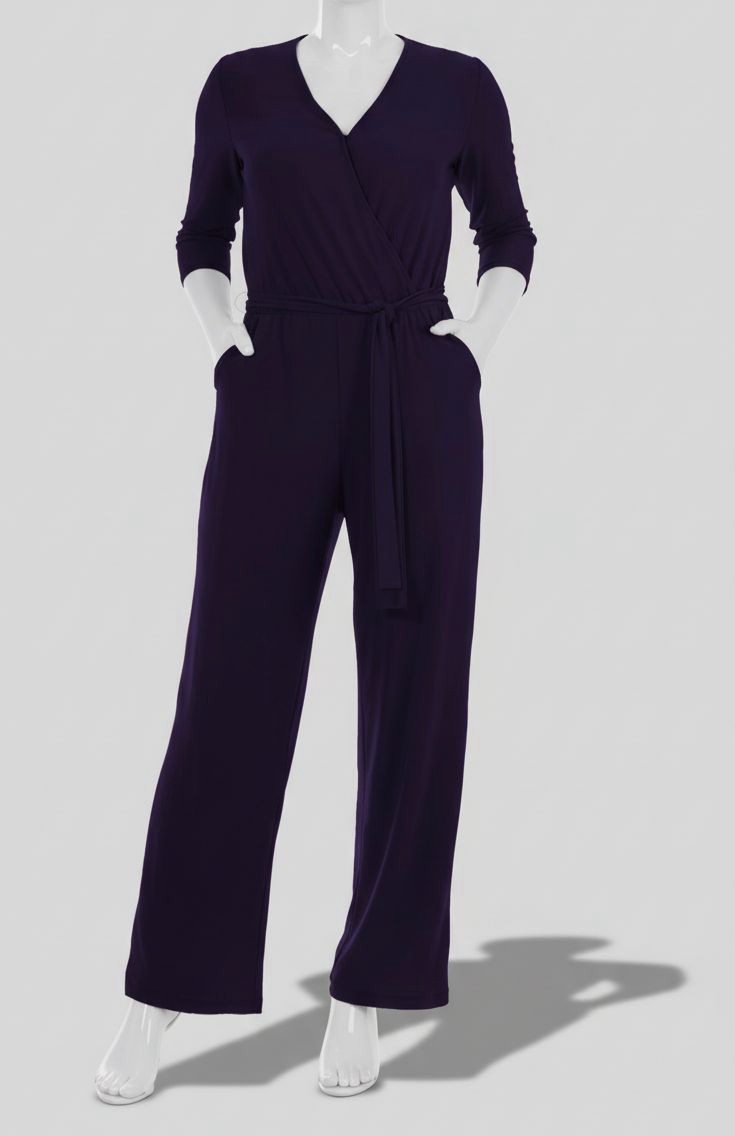 Ny Collection Women’s Blue 3/4-Sleeve Belted Wide-Leg Jumpsuit Petite Size PXS