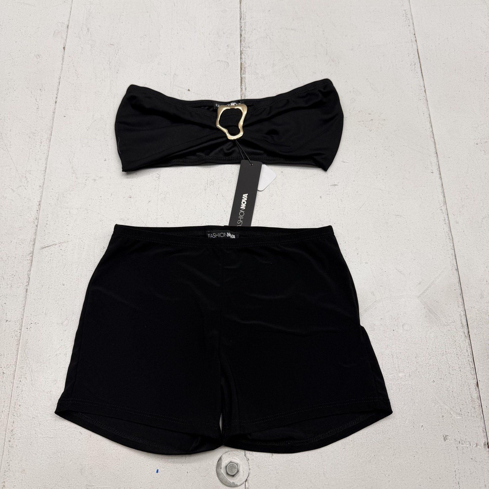 Fashion Nova Outfit Set Womens L Black Mesh Bandeau Top Shorts Gold Buckle