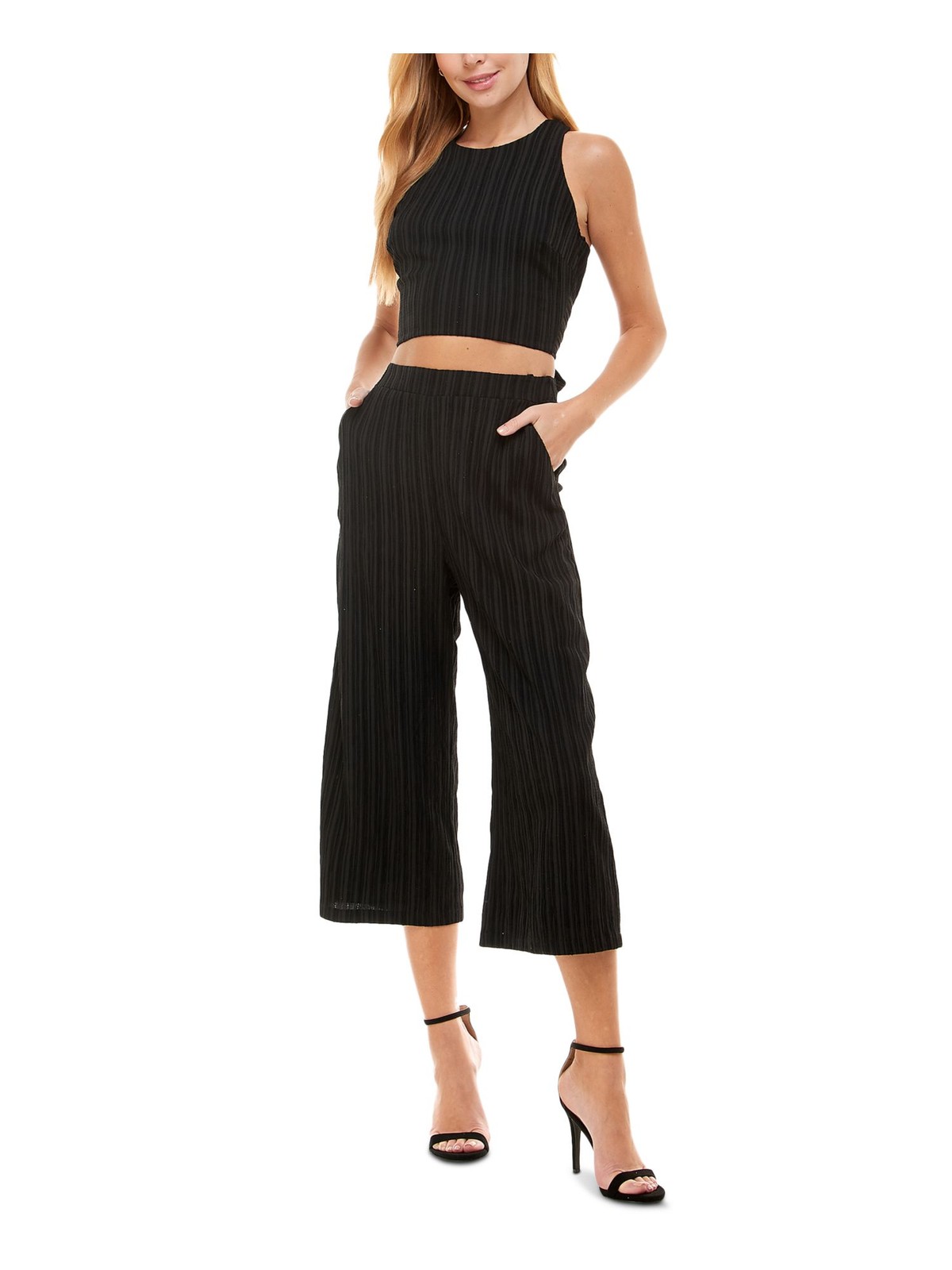 CITY STUDIO Womens Jumpsuit Crop Top Black Cross Back Tie Gaucho Juniors 9