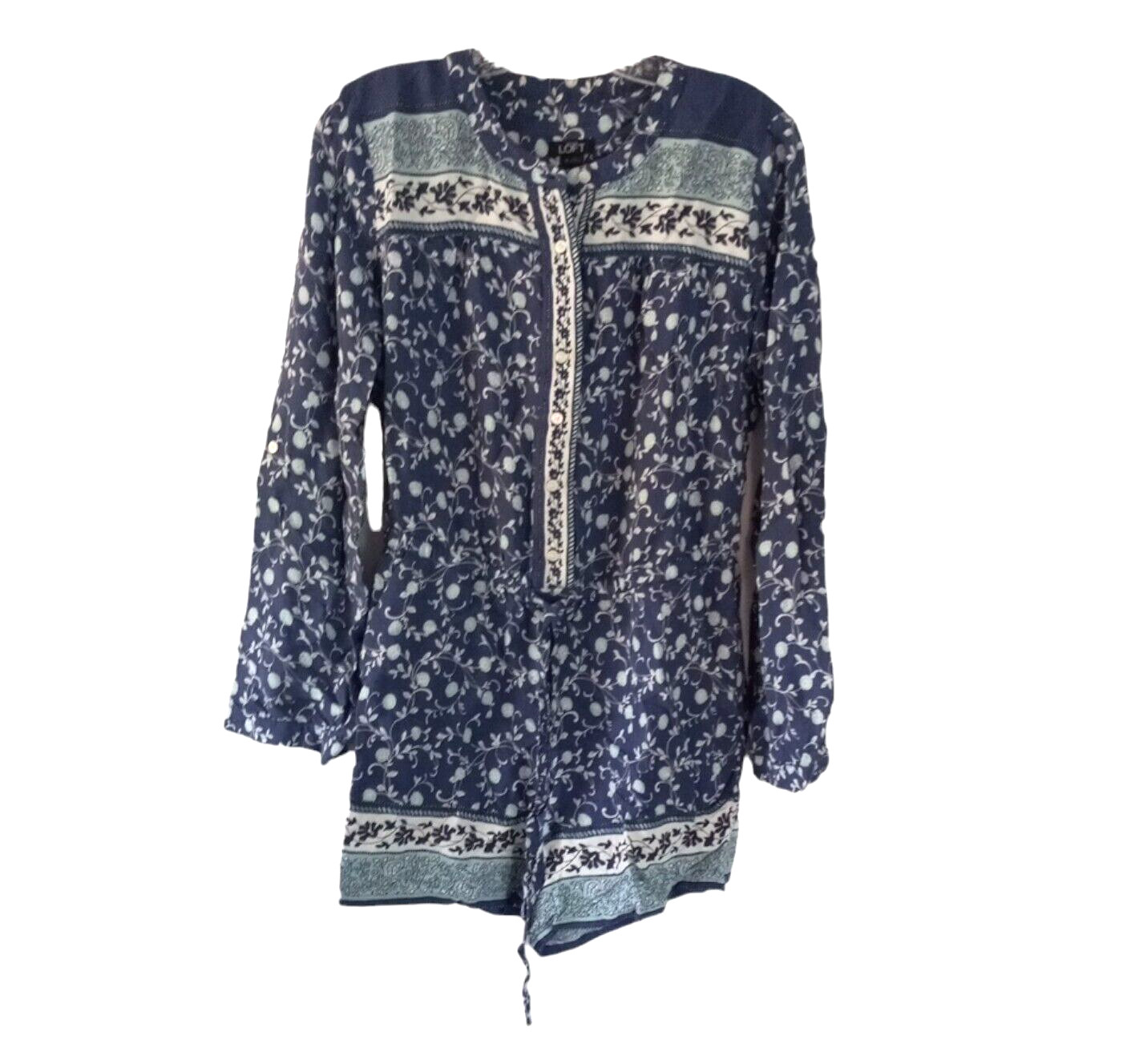 Ann Taylor Romper XS Blue Floral Lace High Neck Long Sleeve Adjustable Waist