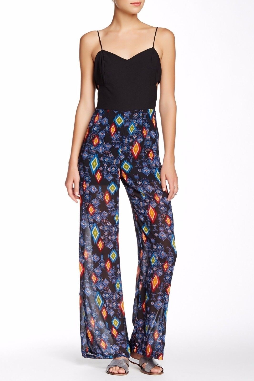 OOTD Womens Spaghetti straps Woven Jumpsuit Black/Multi Size X-Small