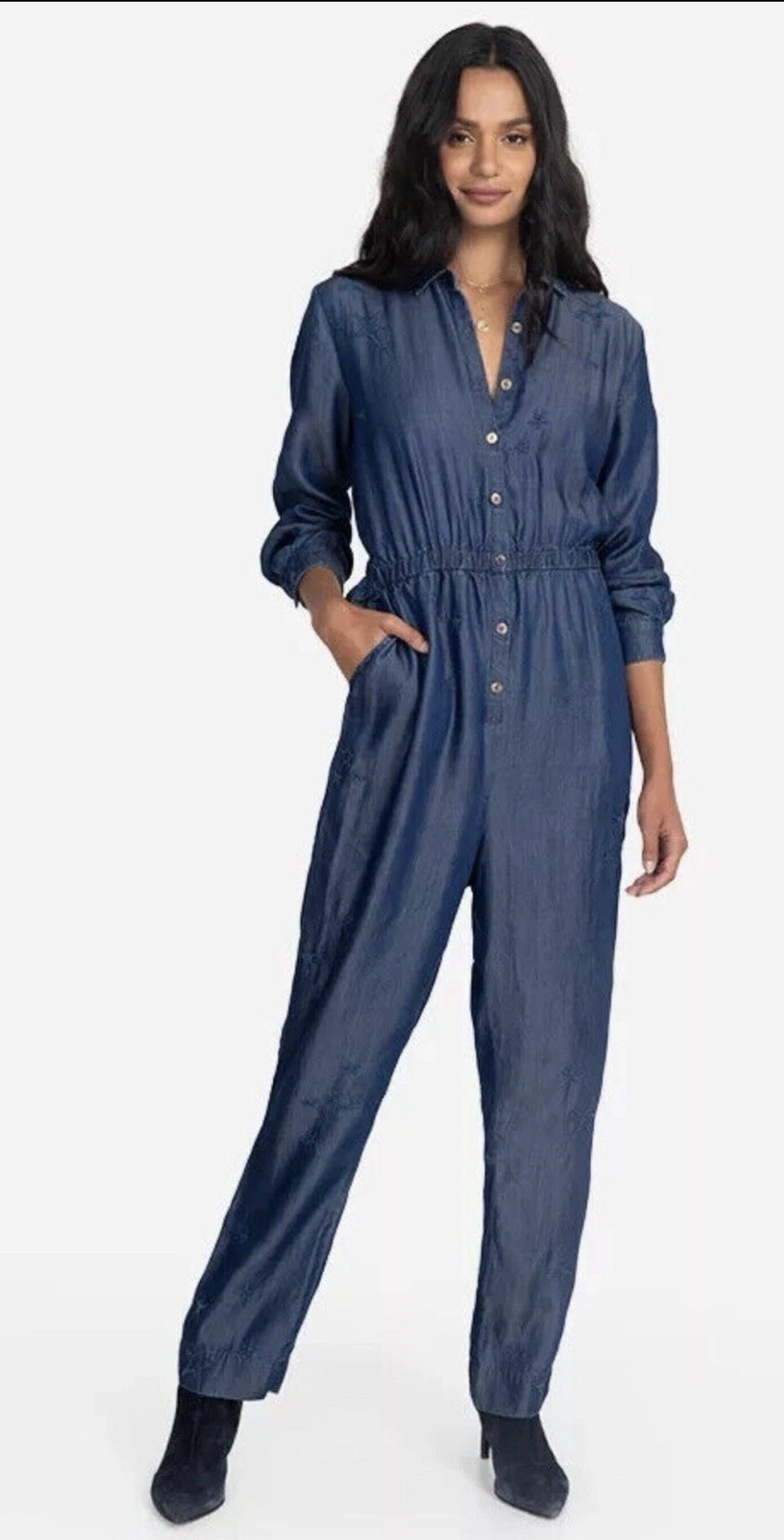 Johnny Was Halley Denim Chambray Jumpsuit XS Embroidered Star detail Button