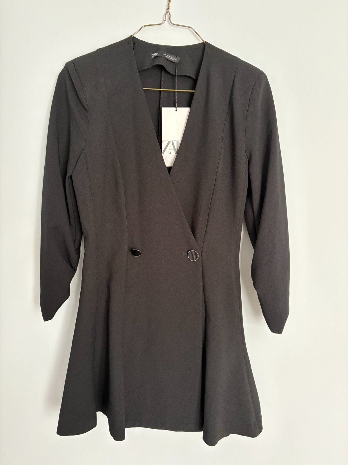 Zara XS Blazer Dress Skort Romper Double Breasted Black Ruched Sleeve Old Money