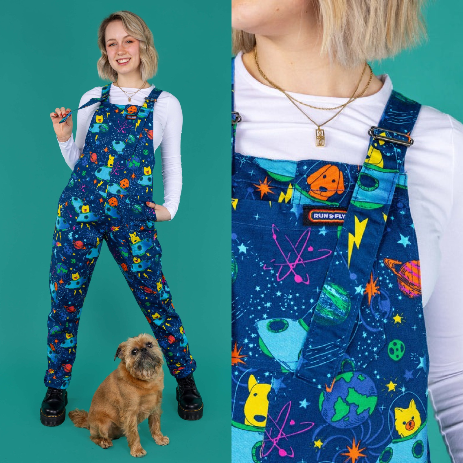 RUN AND FLY Dogs in Space Print Stretch Twill Cotton Dungarees 4XS-4XL Alt Geek