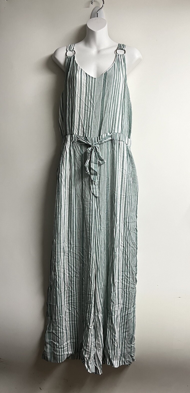 Derek Heart Woman Jumpsuit WideLeg Elastic Waist Tie Front Green/White XL