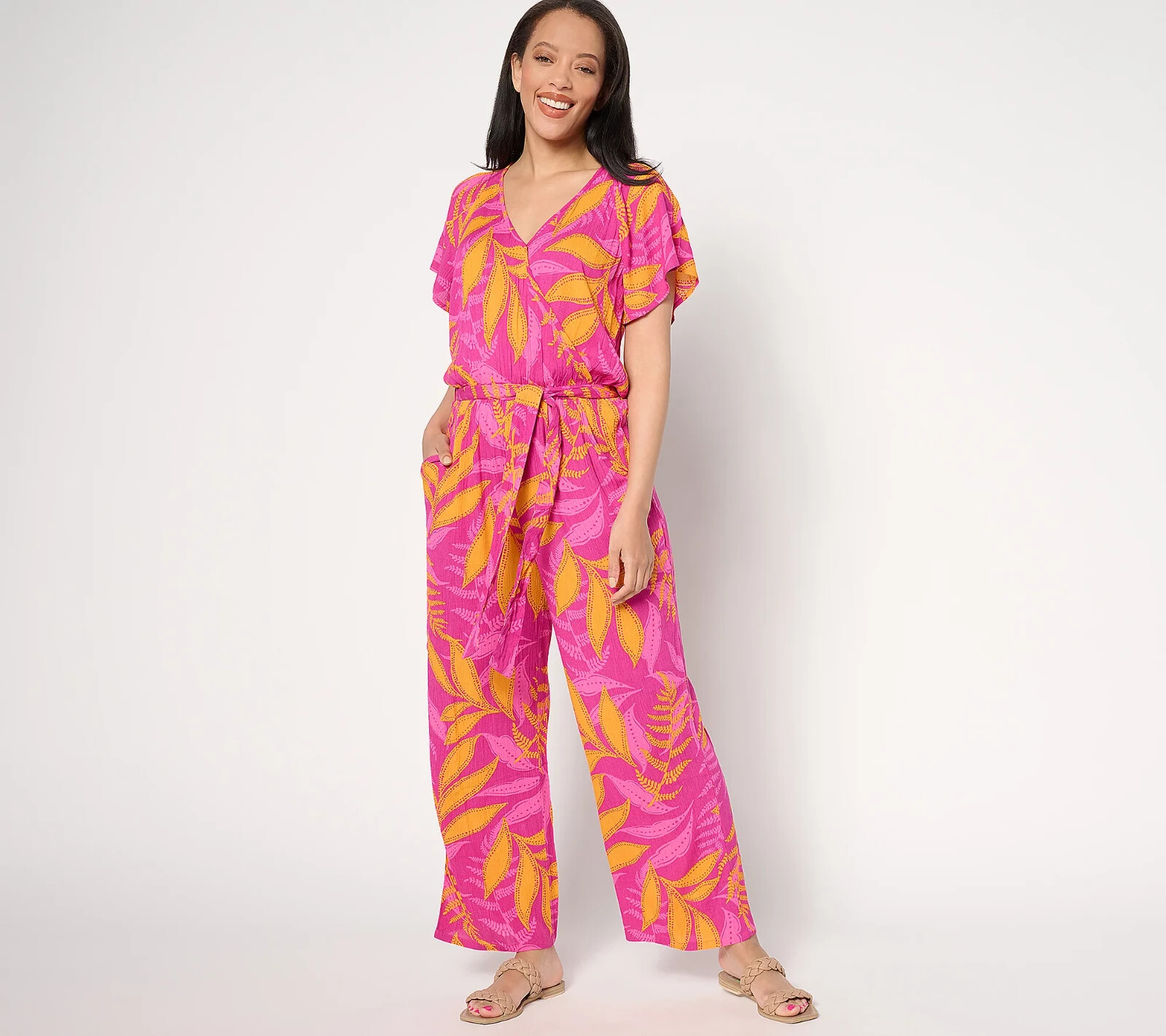 AnyBody Regular Wide-Leg Faux-Wrap Vacation Jumpsuit-Fuchsia-1X-NEW-A647638