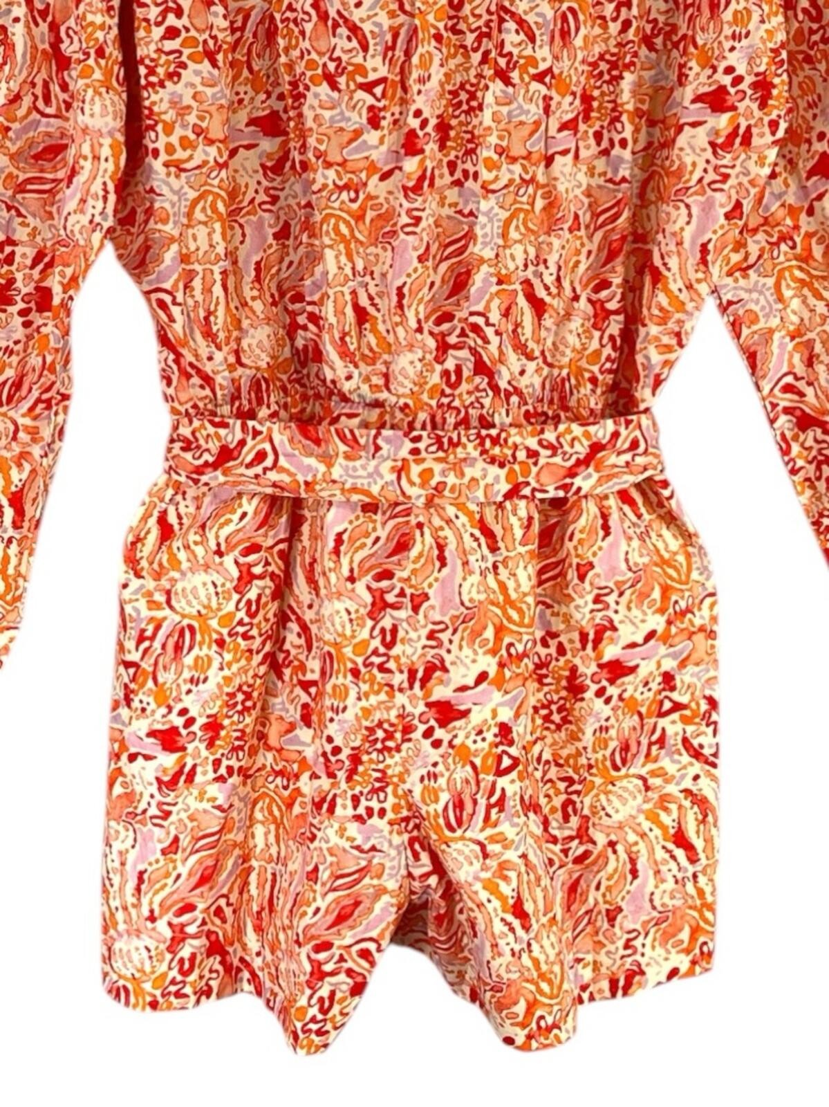 NWT VICI Orange and Pink Belted Romper with Long Bell Flare Sleeve Size Large
