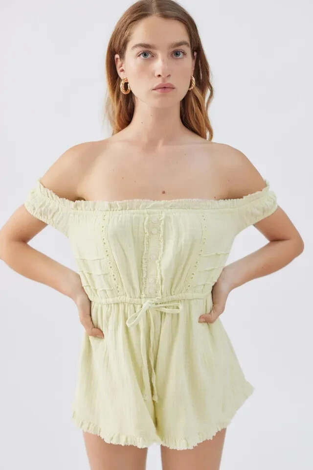 UO Evie Off-The-Shoulder Check Romper Urban Outfitters Light Green Ruffle New S