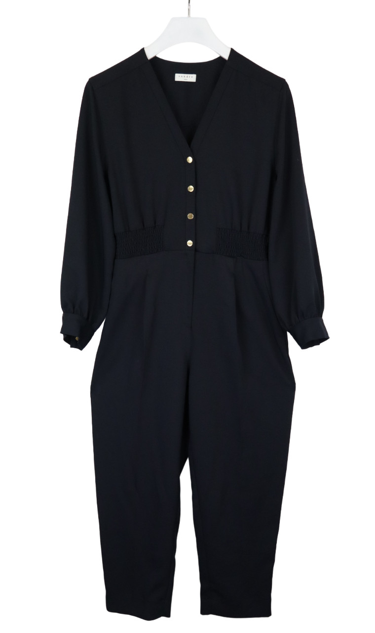 Sandro Jumpsuit Womens (EU) 40 Zip Up Navy Blue Long Sleeve V Neck Pleated