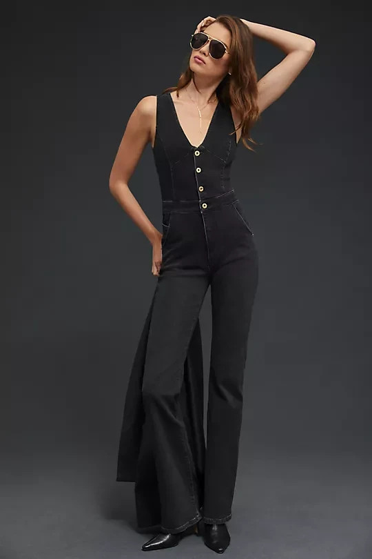 Anthropologie Pilcro Buttondown Jumpsuit Womens Black Denim Flared Leg 6 NWT