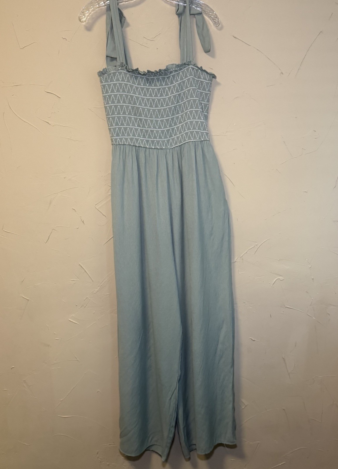 Audrey Parks x Francesca Smocked Jumpsuit M Boho Cottagecore Wide Leg Sage/Mint