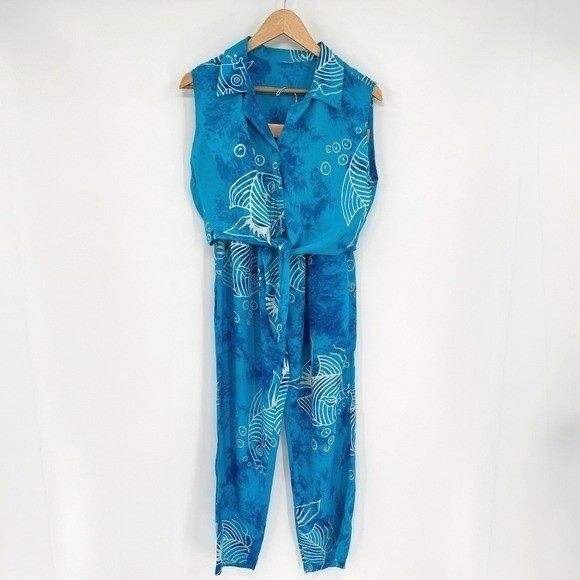 Zion Blue Tie-Dye Sleeveless Two Piece Fish Print Blouse/Pants Set Women’s S