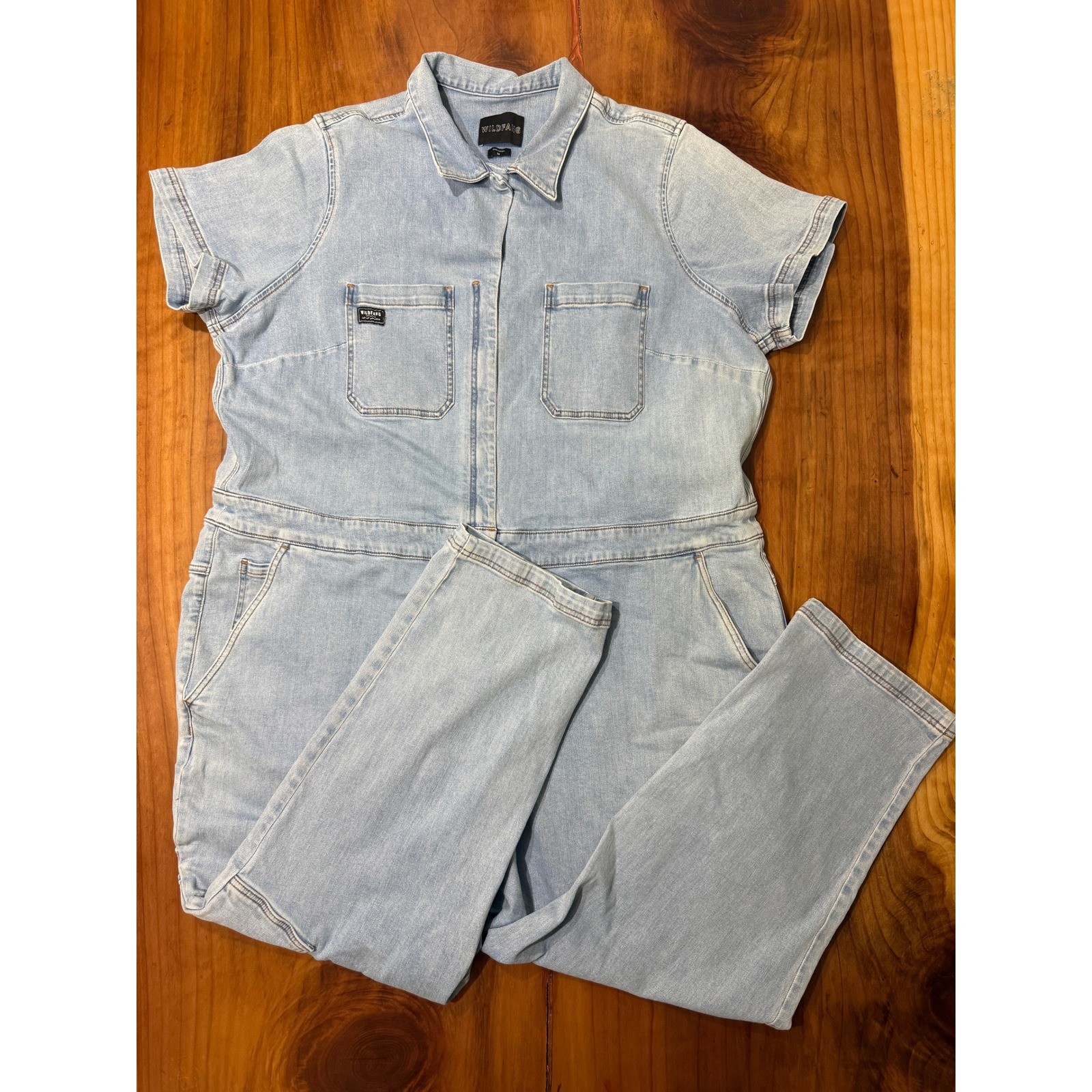 Wildfang Essential Denim Coverall Jumpsuit 2X Light Wash Stretch Zip S/S SS22