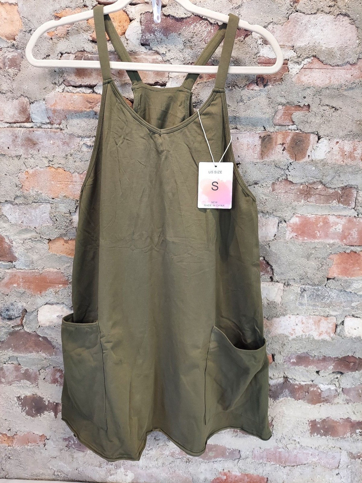 Womens Overall Romper Size S Olive Green Sleeveless Pockets Casual Jumpsuit