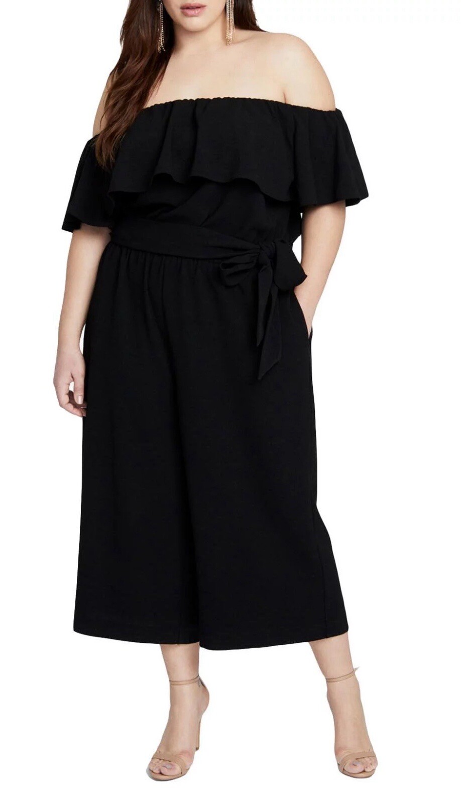 Rachel Roy Cocktail Party Jumpsuit Black Wide Leg Off Shoulder Ruffle Sz 22W