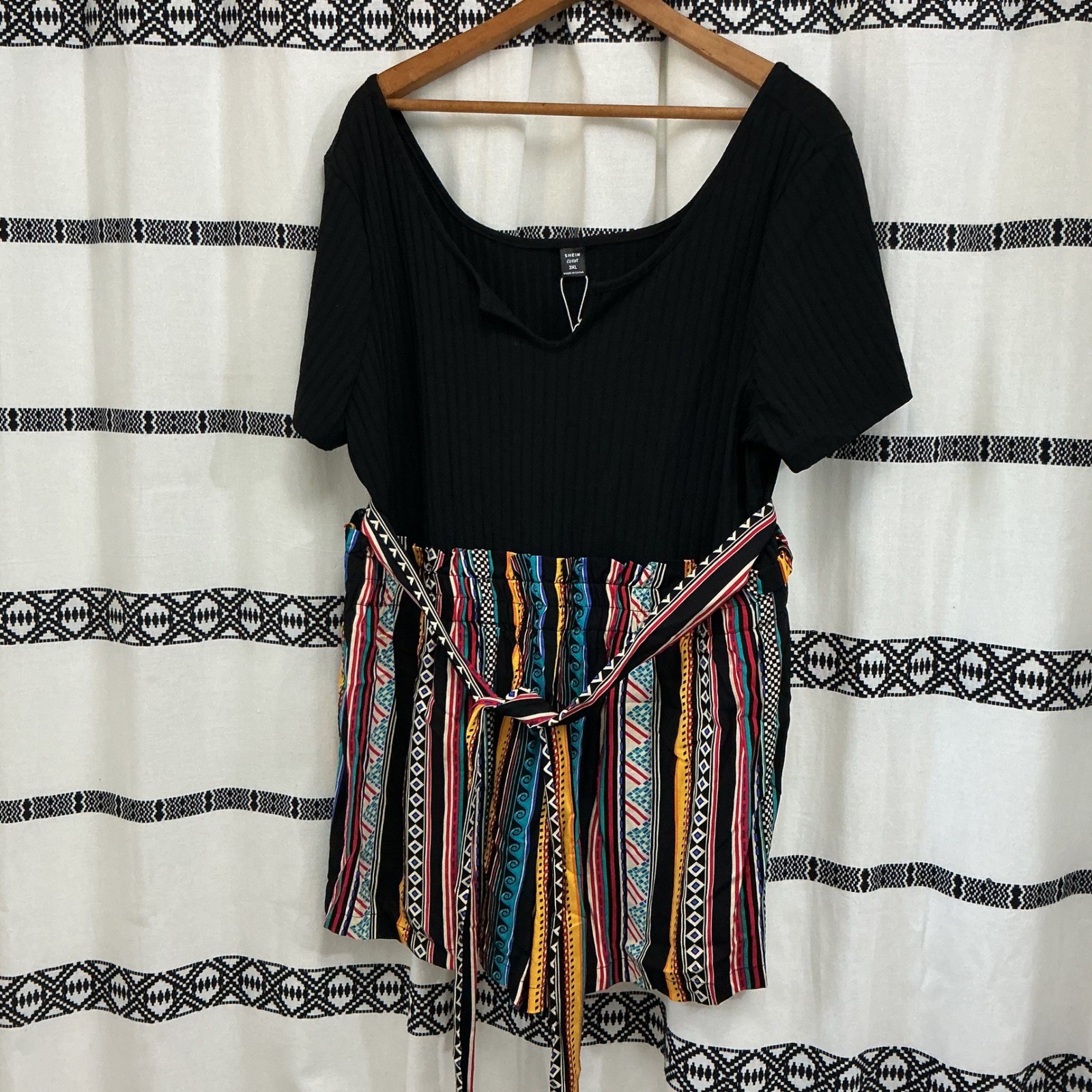 SHEIN Curve Romper 3XL Black Multicolor Aztec Print Elastic Waist Short Sleeve
