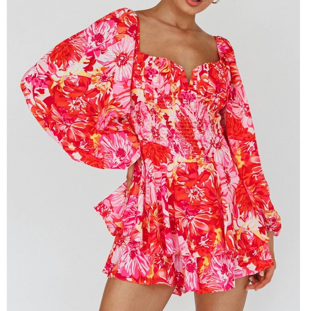Angel Biba Smocked Waist Long Sleeve Romper Bright Floral Red Pink Size Small