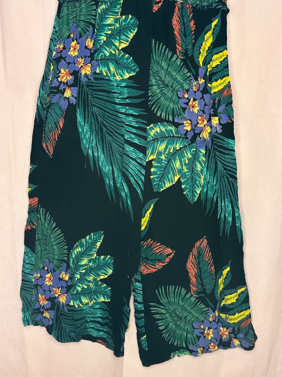 Patrons Of Peace L Tropical Floral Wide Leg Jumpsuit Black Rayon Off Shoulder