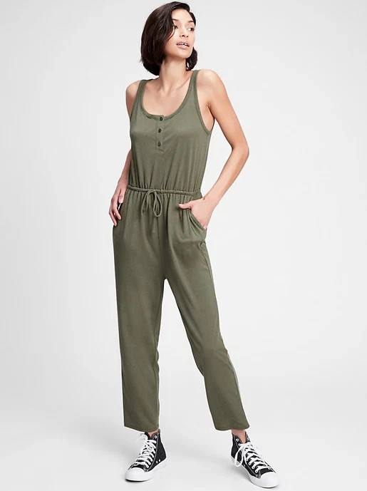 Gap Henley Sleeveless Button Drawstring Jumpsuit, Green Sz XS tall