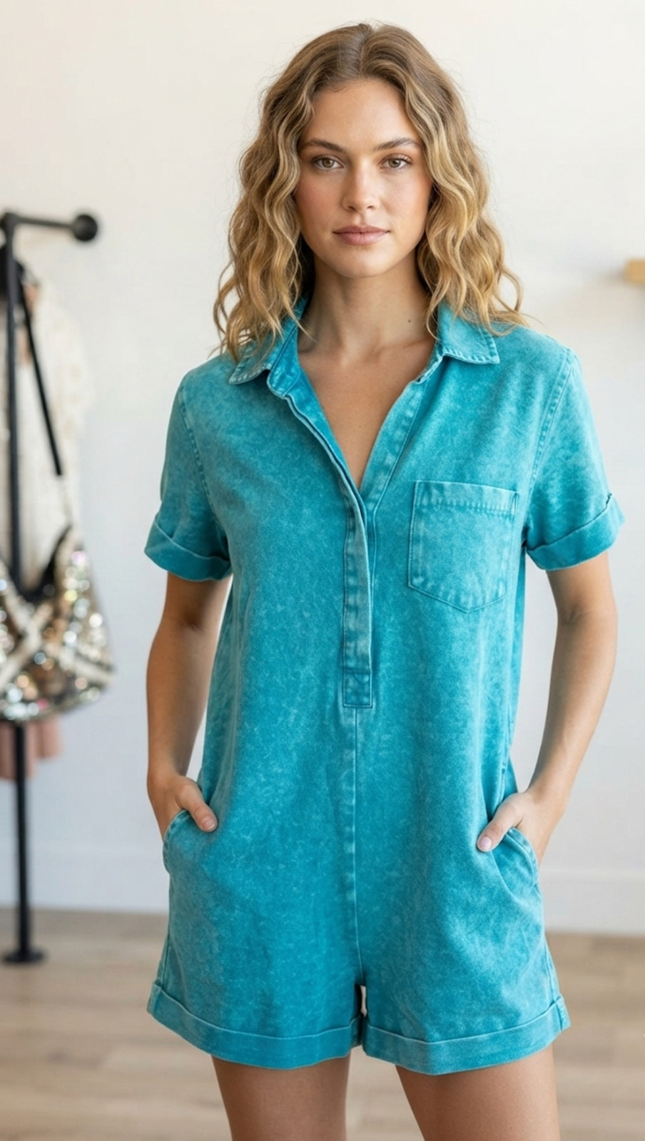 Women’s Teal Mineral Wash Romper Short Sleeve Collared Pockets Trendy Boutique
