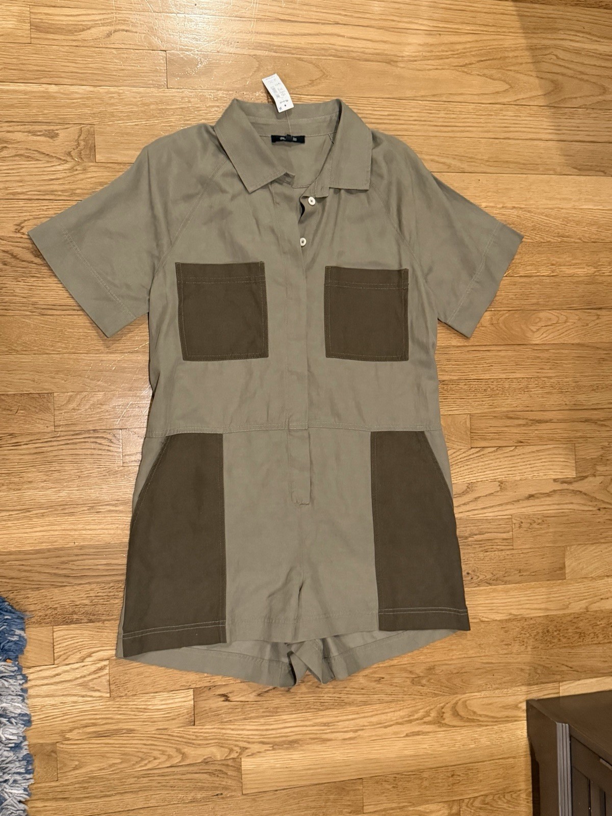 Madewell Green/Brown Collared Button-Front Pocket Romper Lyocell Linen 6