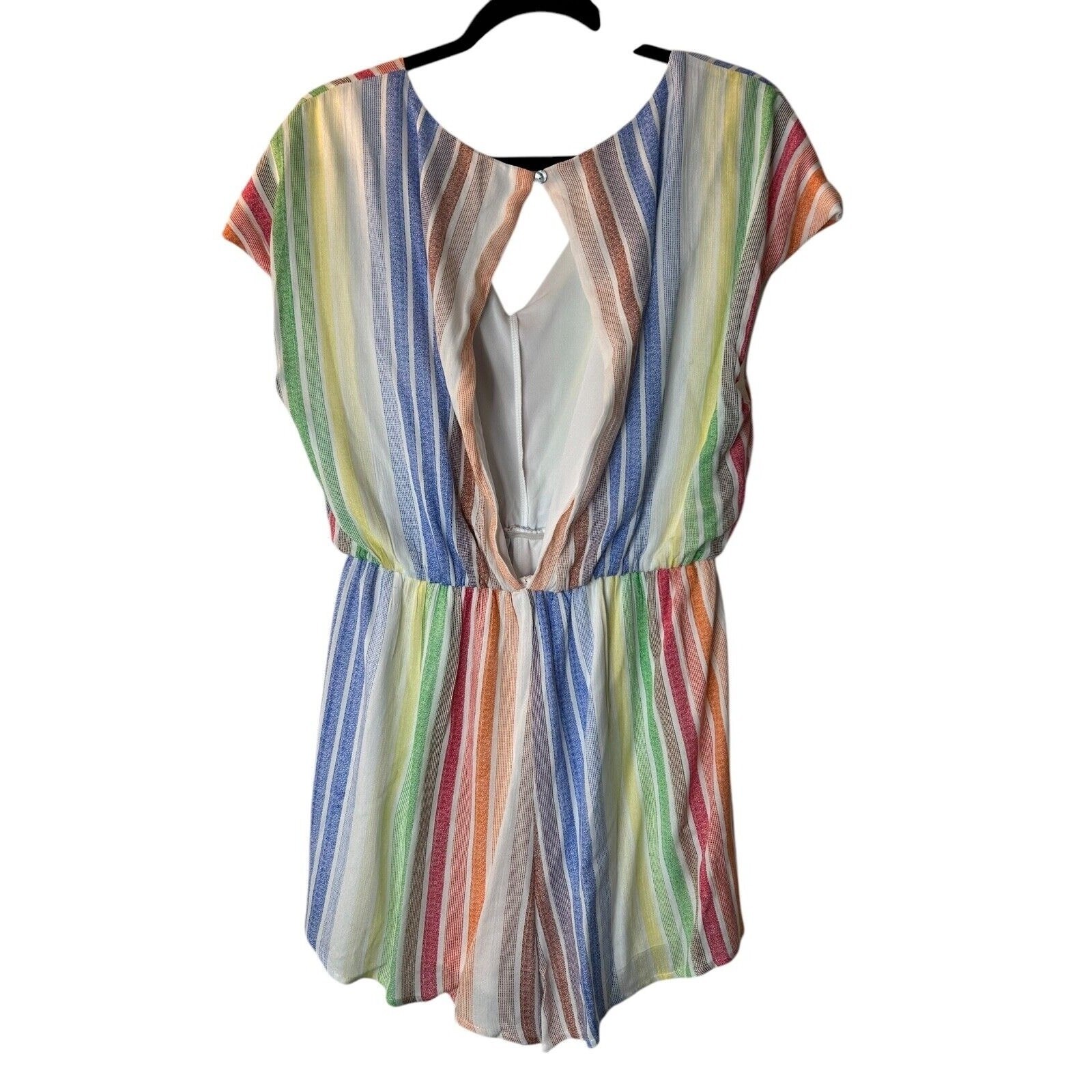 She + Sky Romper Size L Multicolor Rainbow Striped Short Sleeve Open Back V-Neck