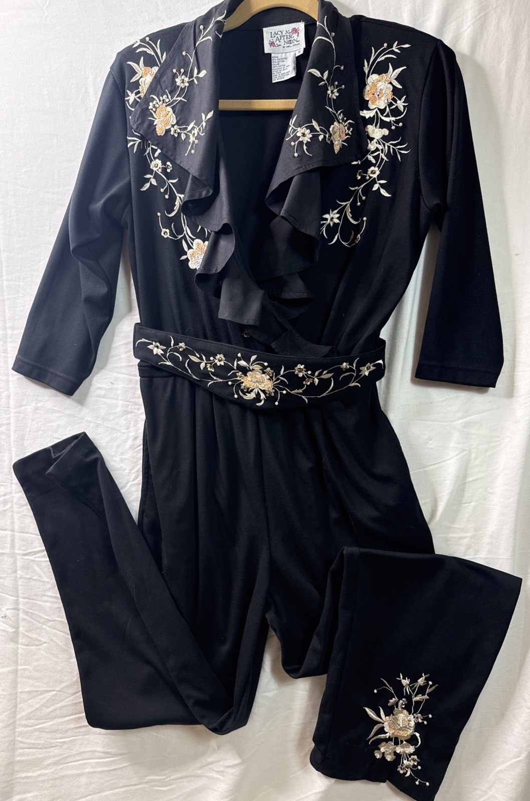 Vintage 80s Lacy After Noon Shell Kepler Black S Jumpsuit Embroidery Sequins