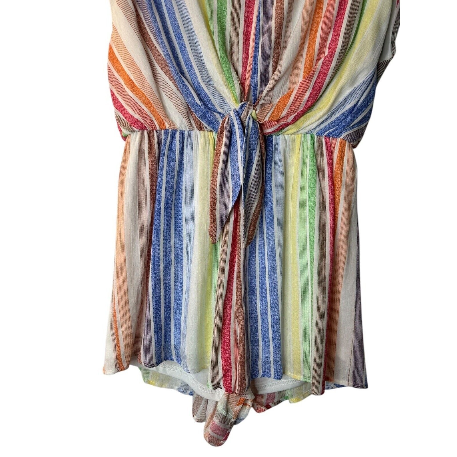 She + Sky Romper Size L Multicolor Rainbow Striped Short Sleeve Open Back V-Neck
