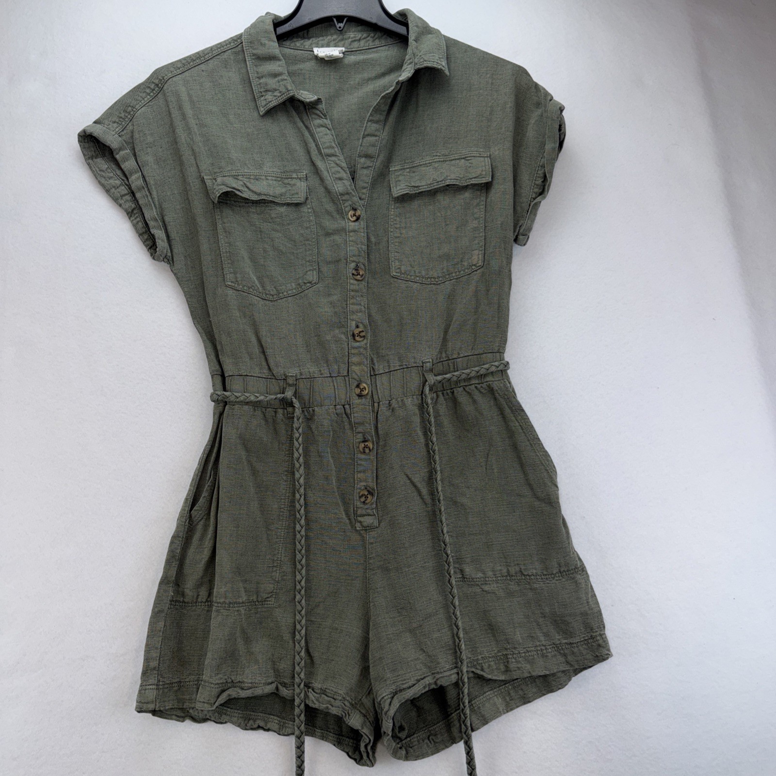 Nicole Miller NY Women’s Army Olive Romper Size M Rope Belt Linen Blend