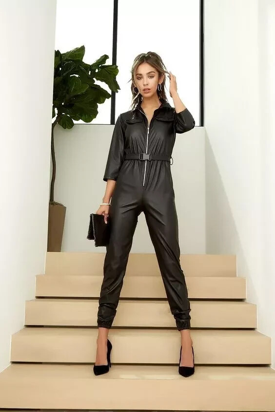 Women Winter Fashionable Casual Lambskin Black Original Leather Jumpsuit Stylish