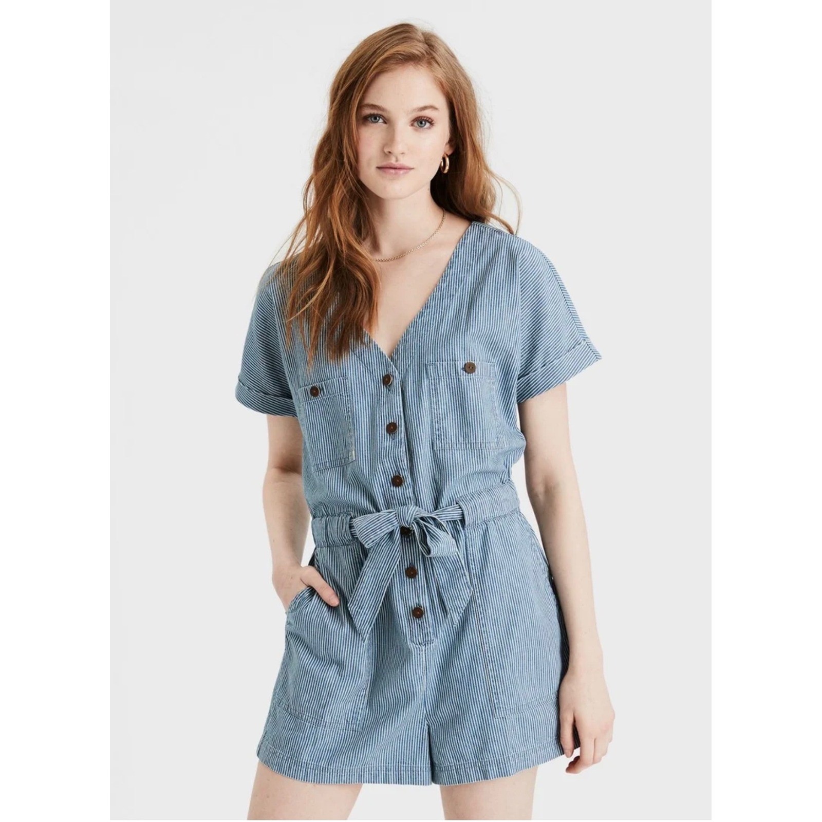American Eagle Striped 100% Cotton Waist Romper Small festival