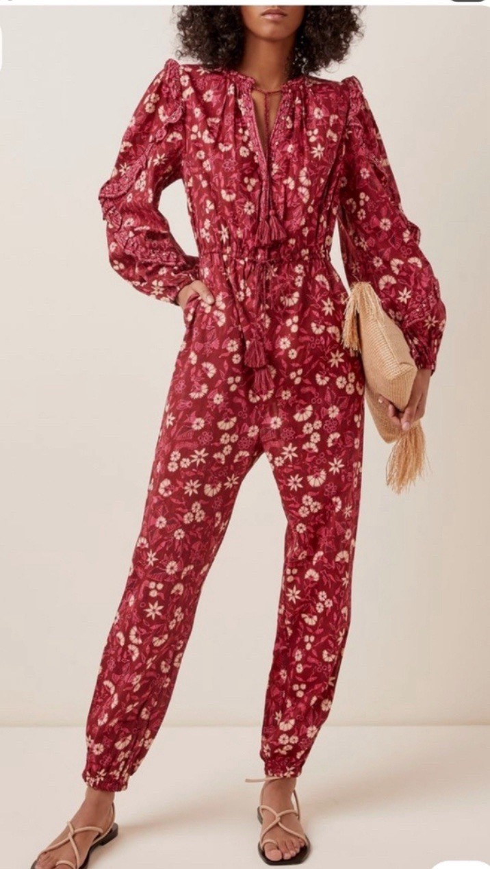 Ulla Johnson Delphine Floral Print Cotton Jumpsuit In Burgundy Size 6 Longsleeve