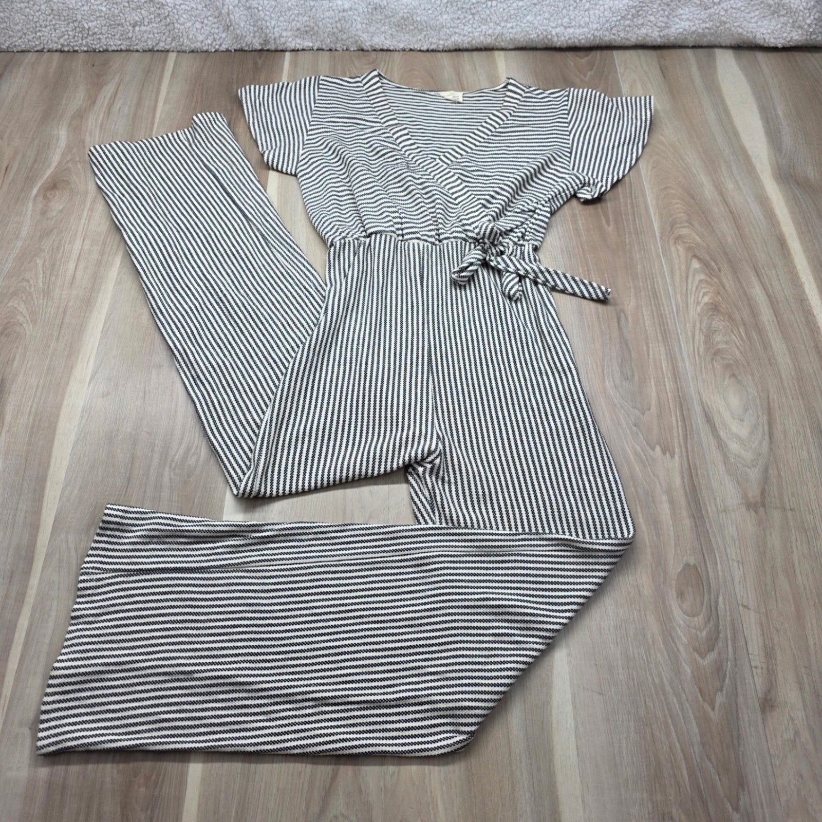 Caution To The Wind Jumpsuit Striped Wrap V-Neck Wide Leg Black White Womens M L