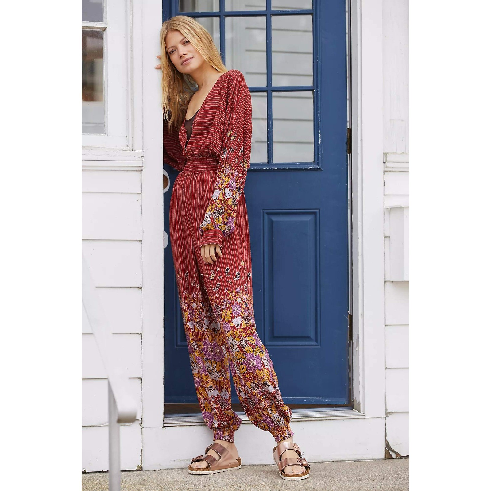 Anthropologie Breezy Open Back Jumpsuit Sz S Striped Floral Boho Wide Leg