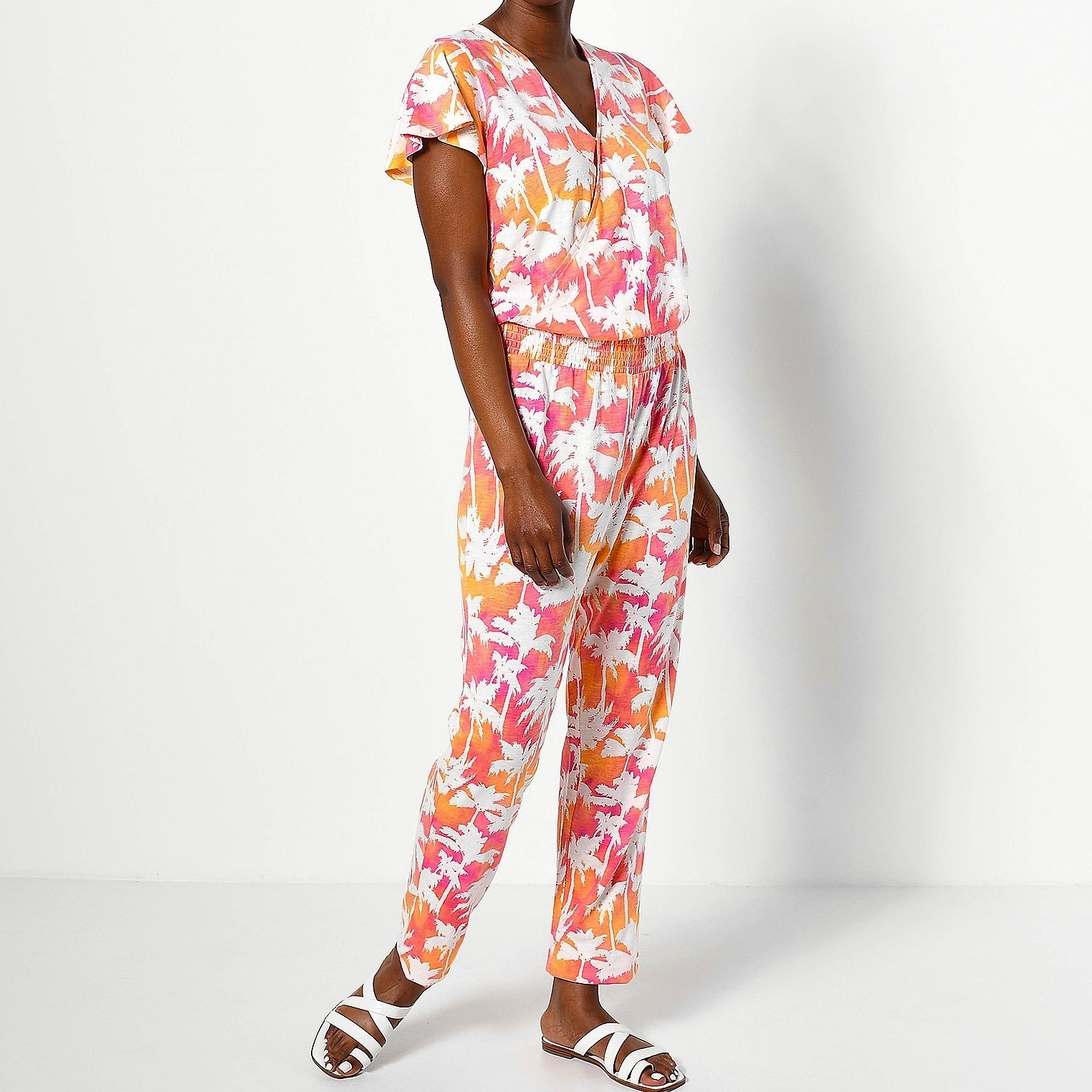 New Sunkissed Palm Tree Print Flutter Sleeve V-Neck Jumpsuit Orange Pink Large