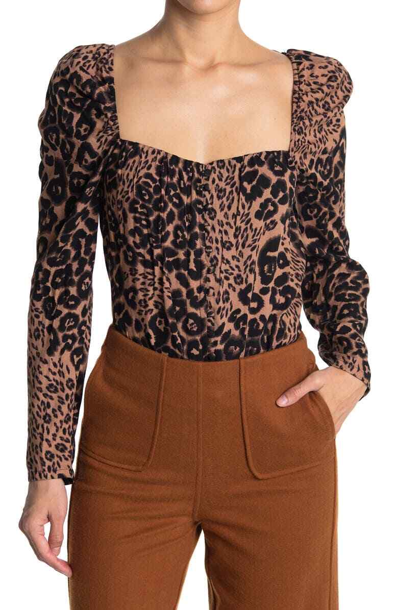 AFRM 276598 Palmas Leopard Print Square Neck Bodysuit In Caramel Animal size S
