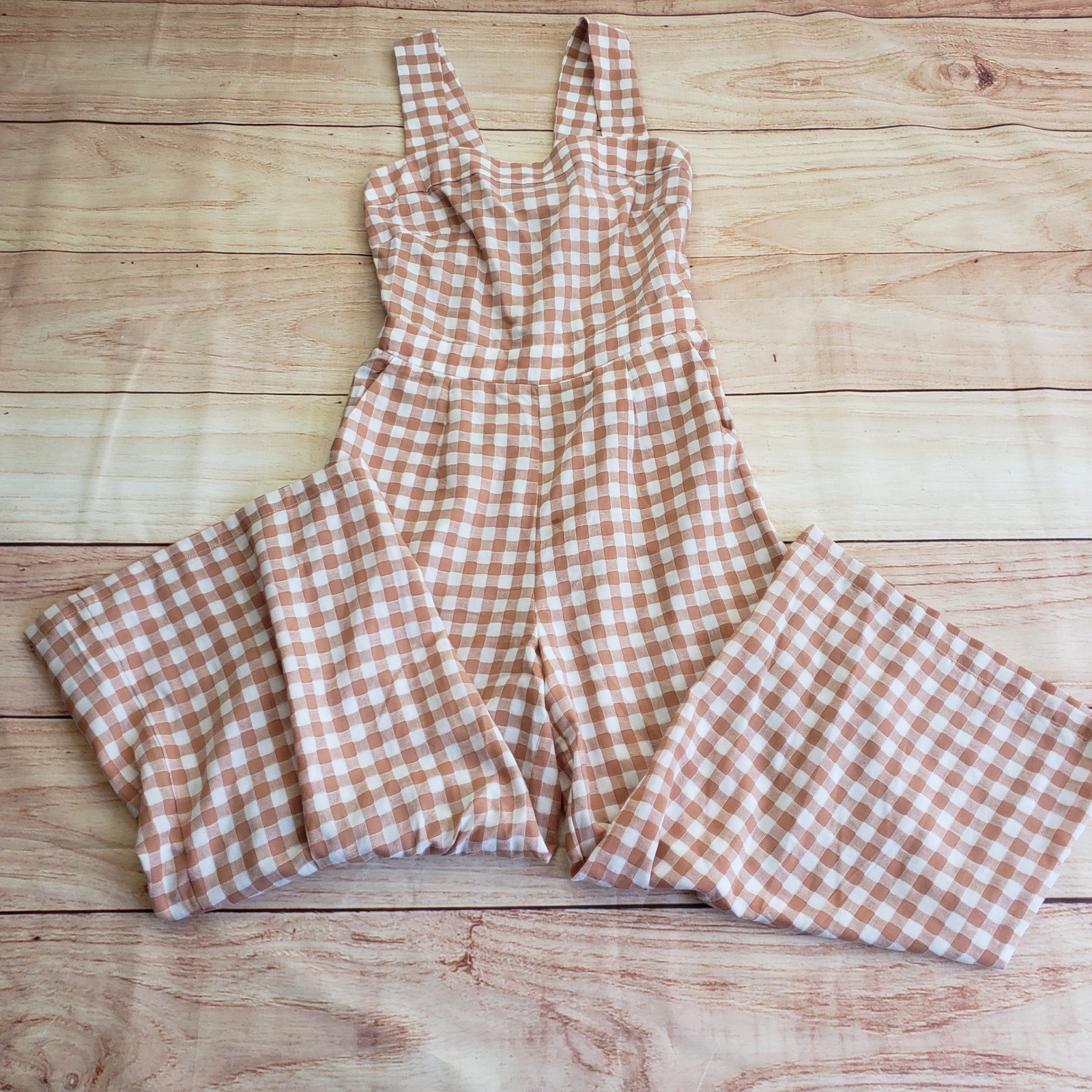 FRNCH Paris Gingham Wide Leg Jumpsuit Women S Terracotta White Cutout Back