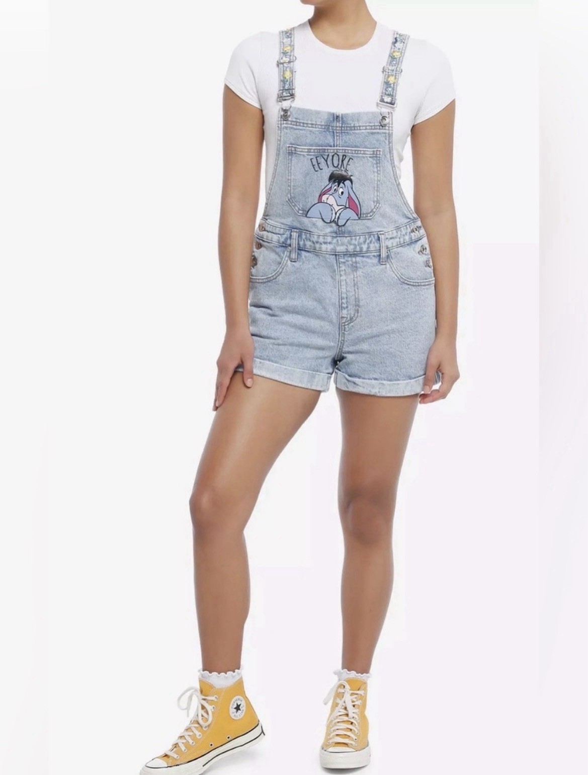 Disney Winnie The Pooh Eeyore denim shortfalls floral straps whimsical kawaii SM