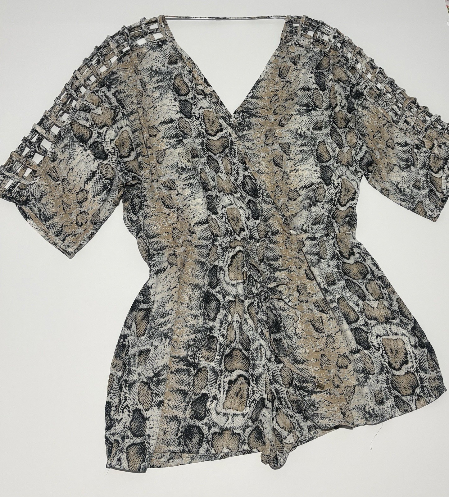 Aakaa Snake-Print Wrap romper in Beige and Black