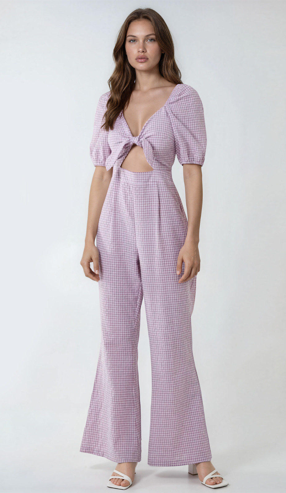 Women Casual Relaxed Fit Gingham Tie Front Wide Legs Playsuit Jumpsuit Romper.