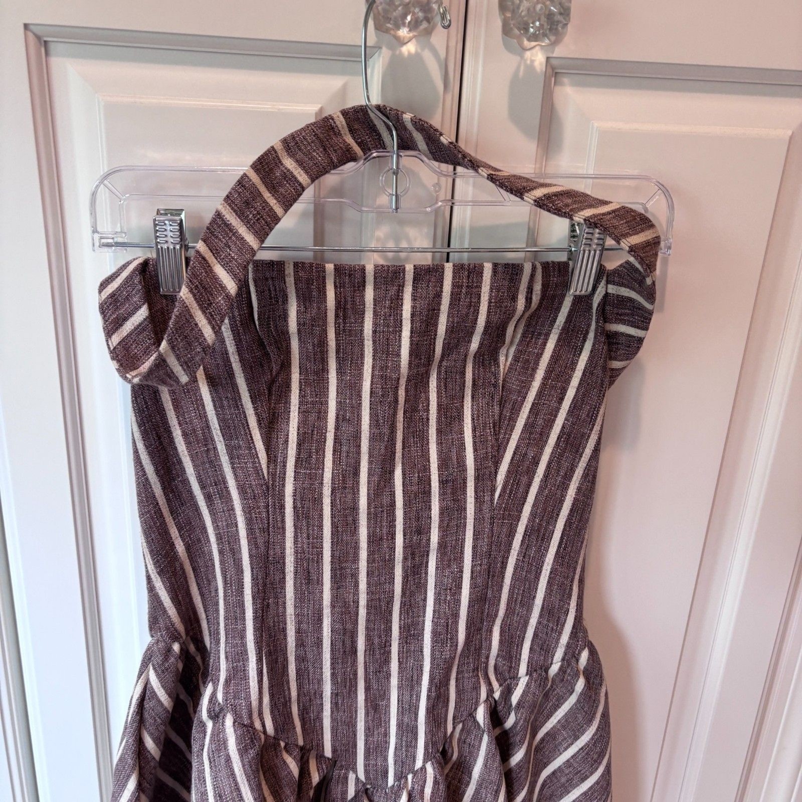Halter Striped Romper Womens US 6 Brown Cream Linen Look Ruffle Summer Boho NWT
