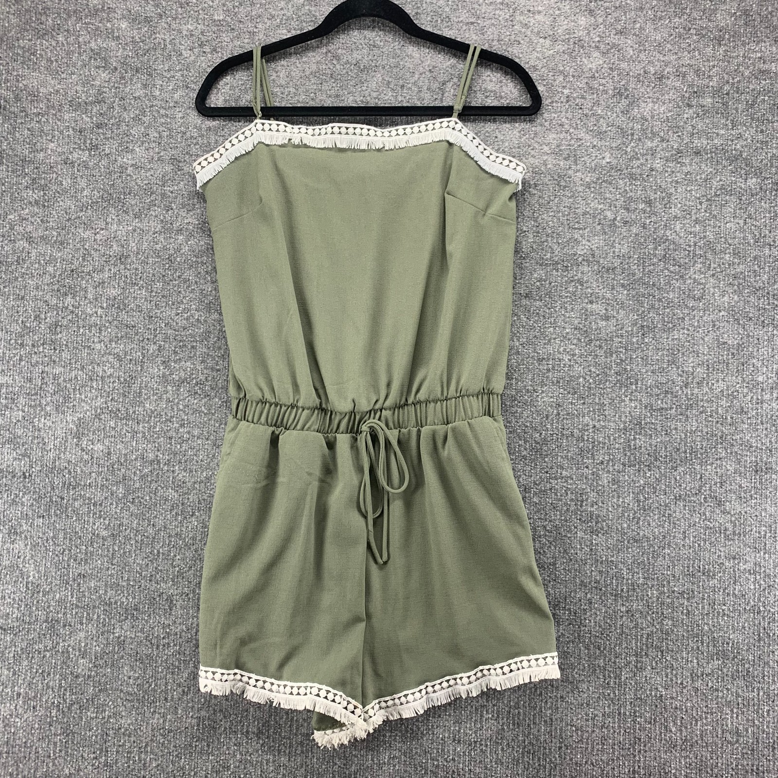 Ninexis Romper Womens Large L Green Fringe Trim Tie Waist Spaghetti Strap Ladies