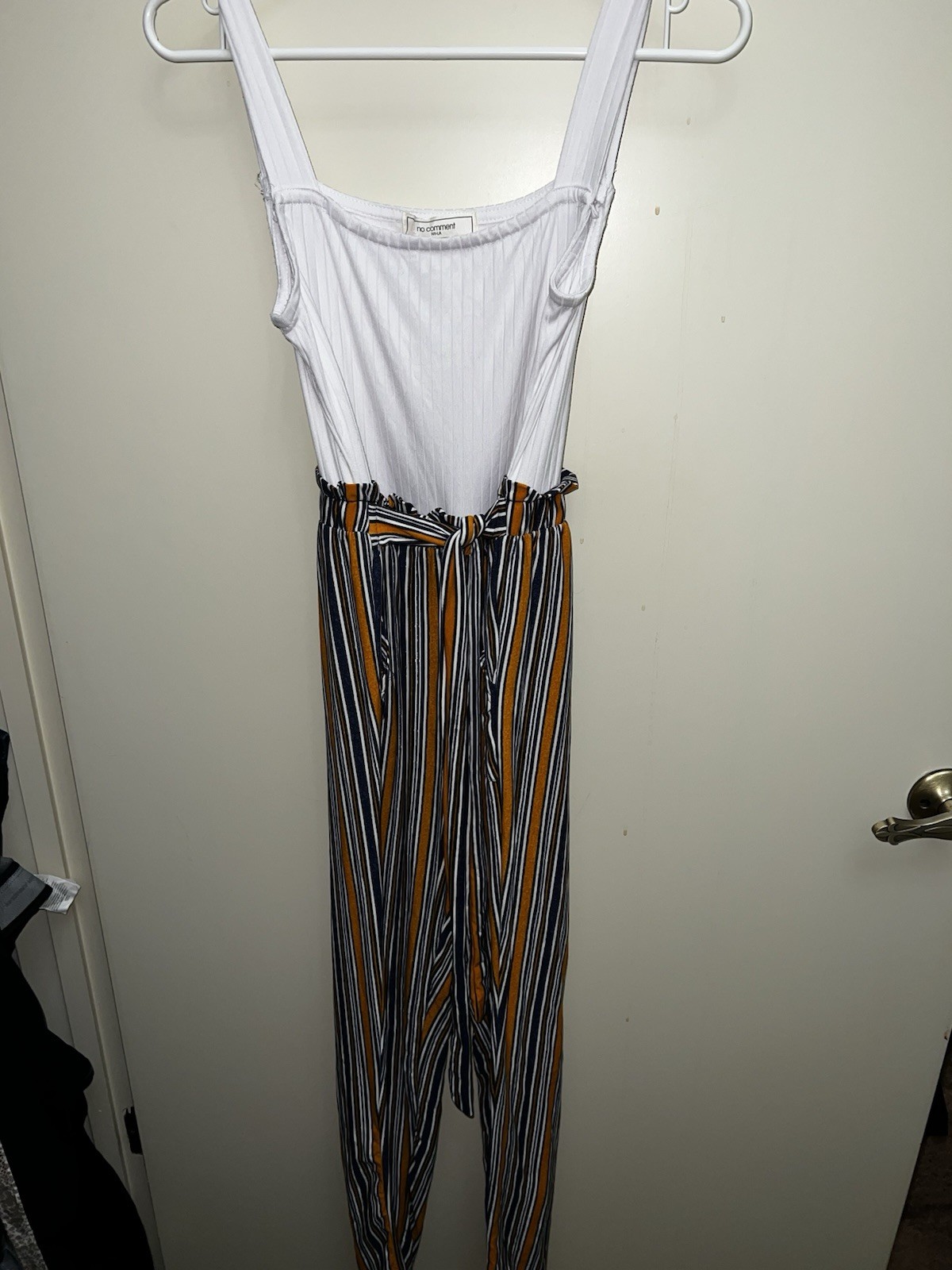 no comment Striped Sleeveless Jumpsuit M White Black Yellow Knit Tie Belt