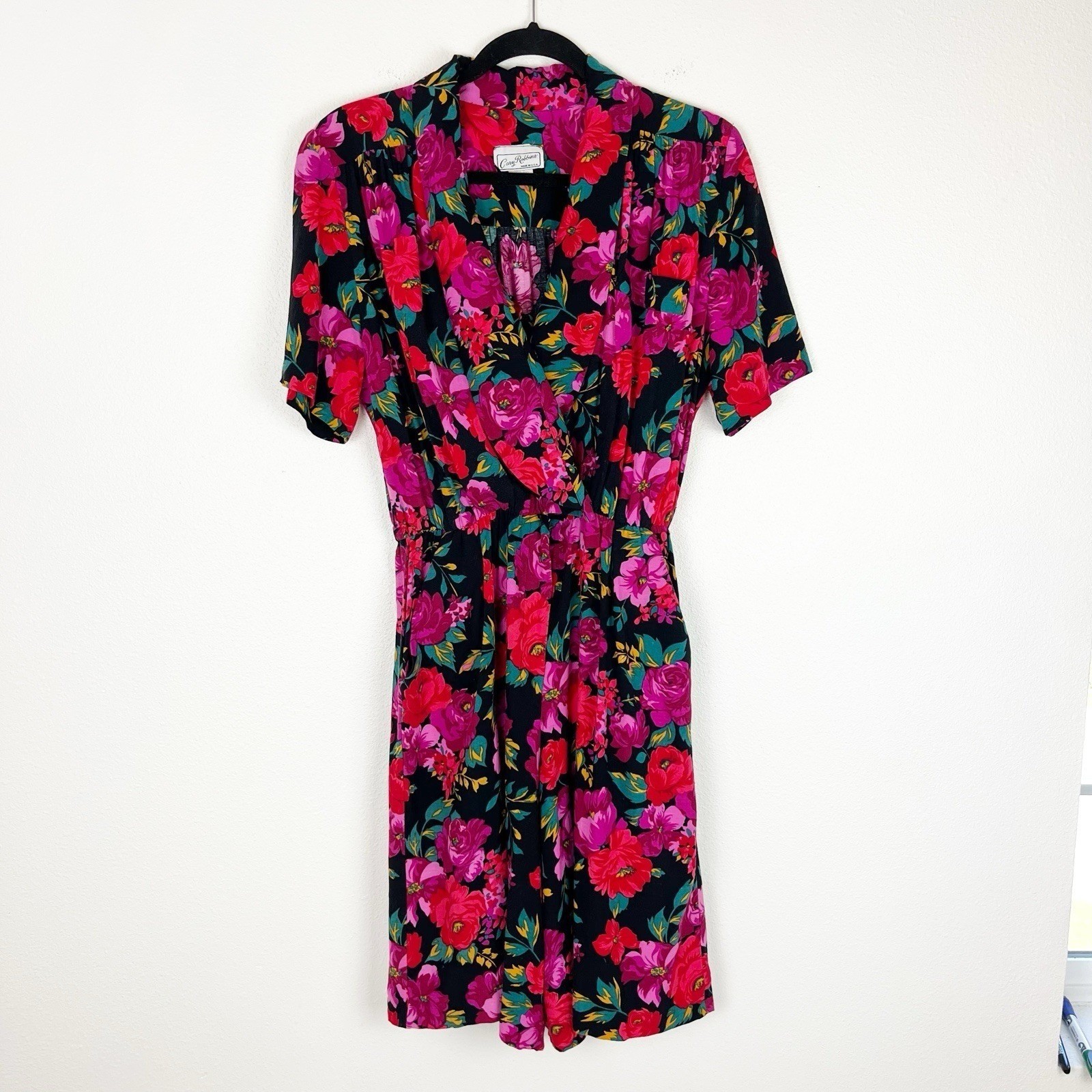 Vintage Floral Romper 80s Black V-Neck Short Sleeve Boho Festival Retro Summer M