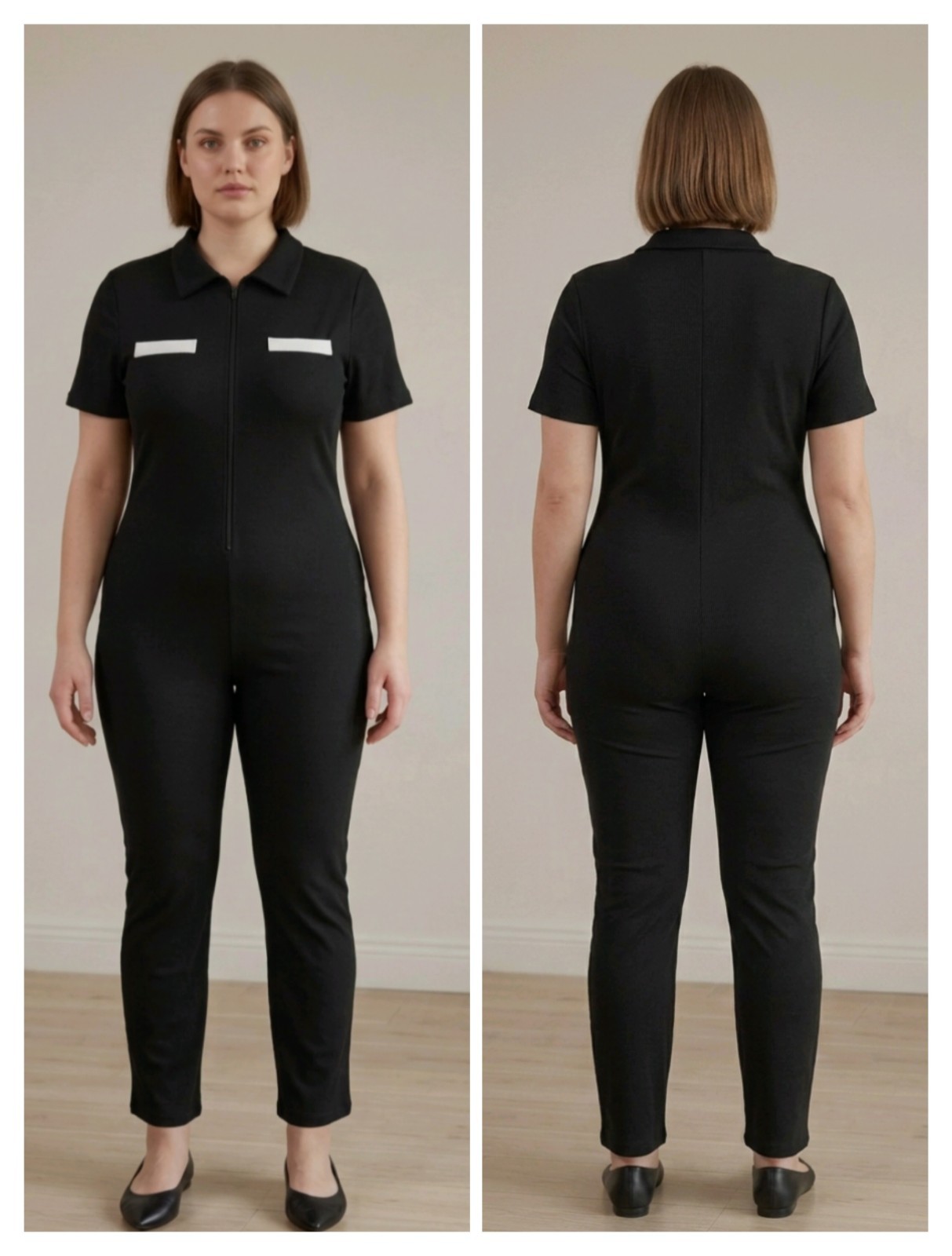 Shein Black | M/L | Ribbed Polyester | Zip Front Flare Leg Jumpsuit