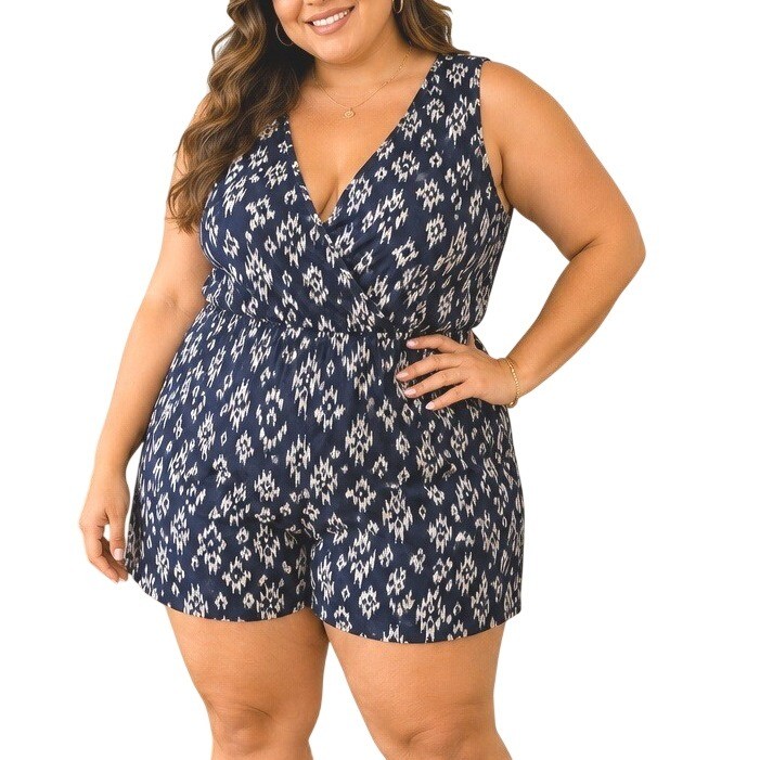 Magic Navy White Ikat Print Sleeveless Romper V-Neck Elastic Waist Pockets 2X