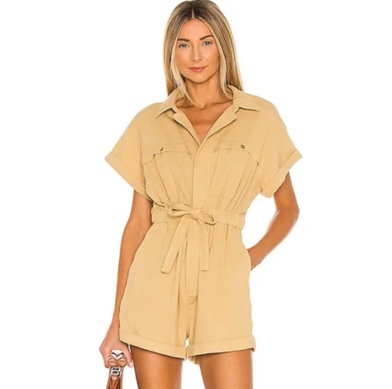 L’Academie Kaisi Romper Cotton Tie Waist Gauze Tan Khaki Utility Small EUC